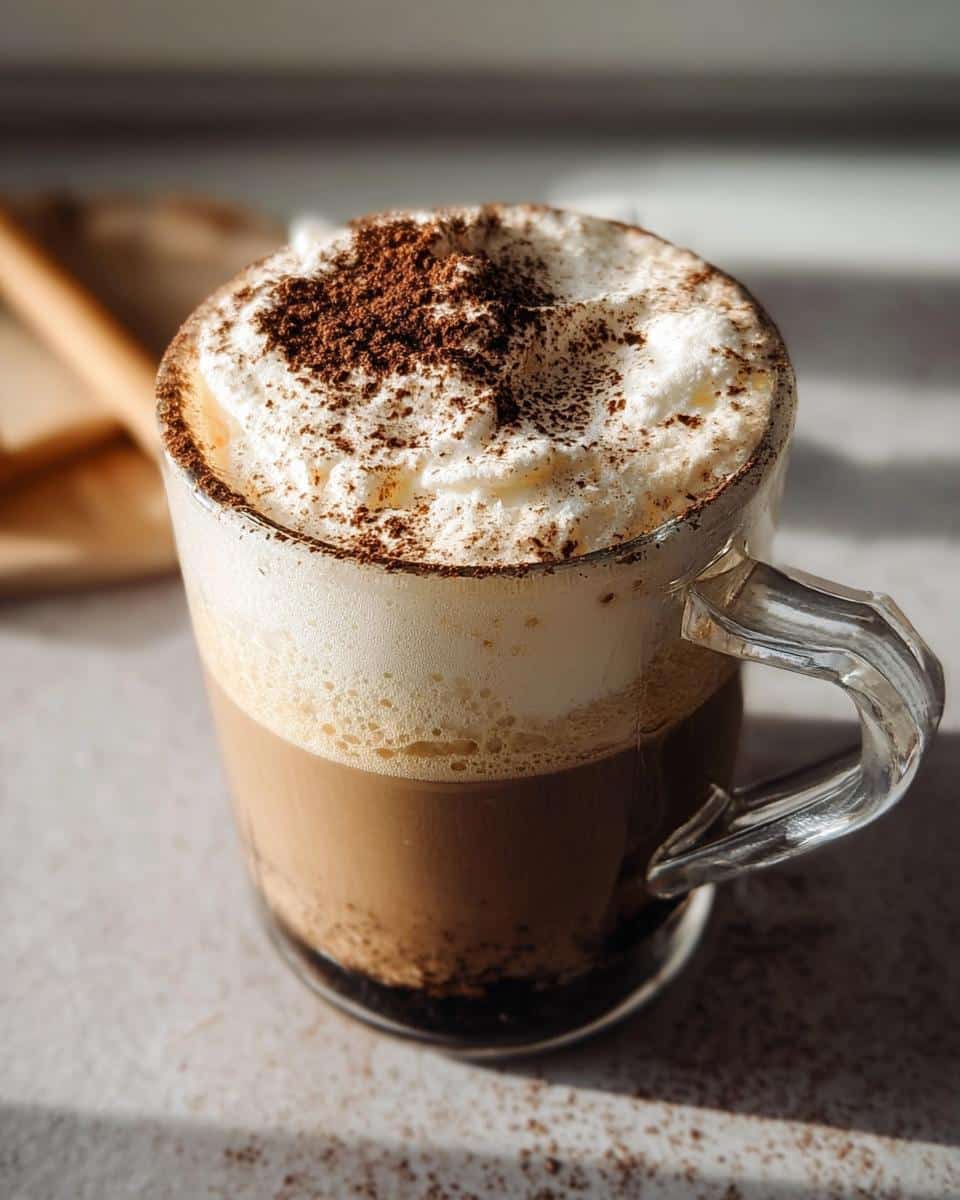 A close-up of a Tiramisu Latte in a glass mug, topped with whipped cream and cocoa powder.