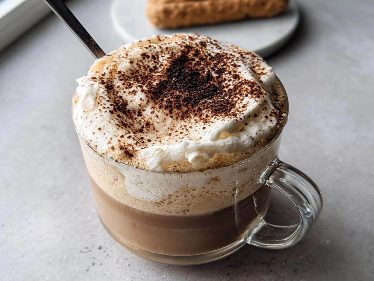 A close-up of a Tiramisu Latte in a glass mug, topped with whipped cream and dusted with cocoa powder.