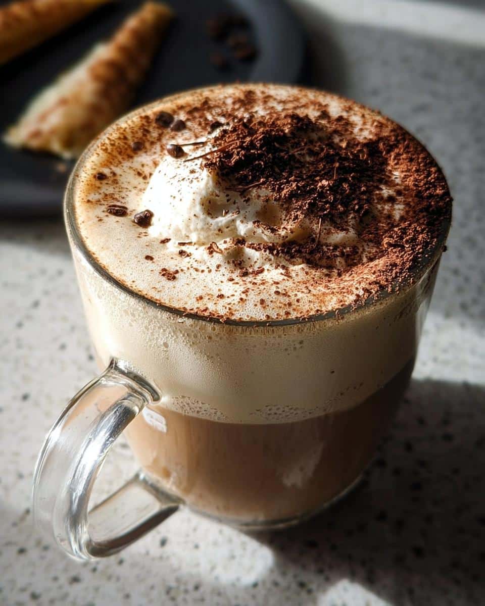 A close-up of a Tiramisu Latte in a glass mug, topped with whipped cream and chocolate shavings.