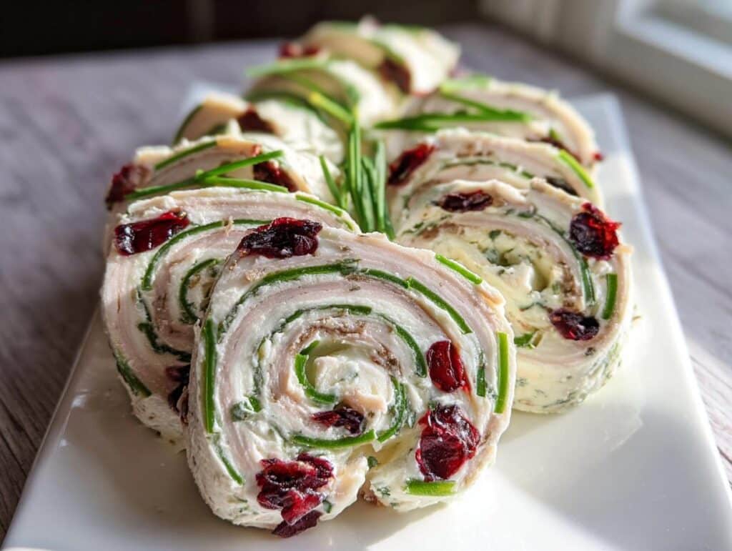 Close-up of sliced Turkey & Cranberry Pinwheels arranged on a white platter, showing layers of turkey, cream cheese, chives, and dried cranberries.