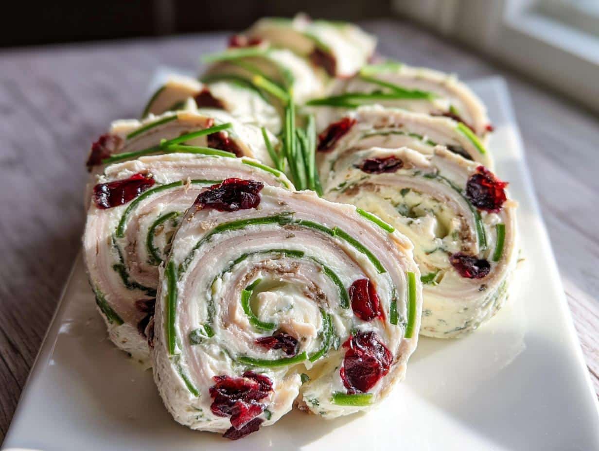 Close-up of sliced Turkey & Cranberry Pinwheels arranged on a white platter, showing layers of turkey, cream cheese, chives, and dried cranberries.