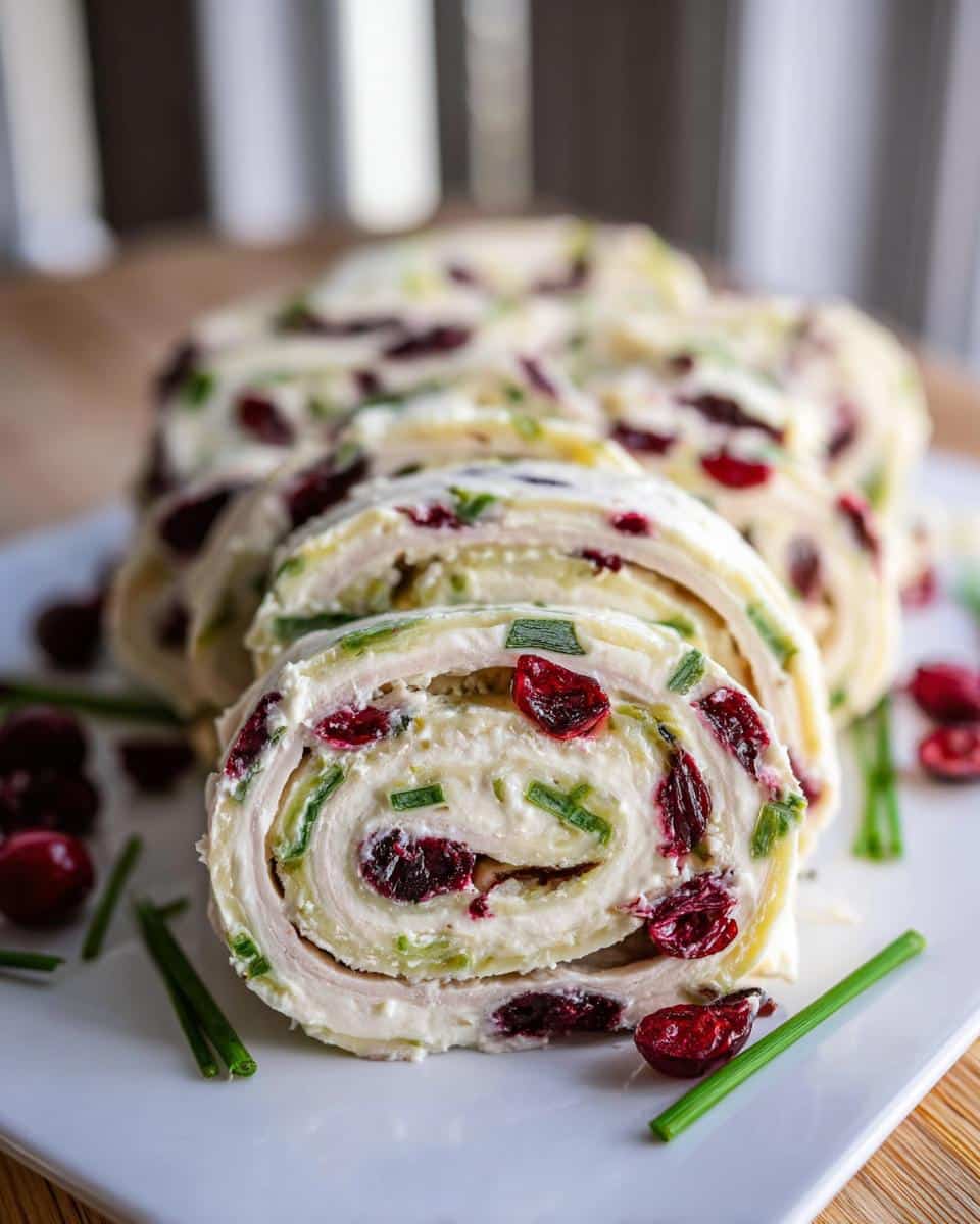 Close-up of sliced Turkey & Cranberry Pinwheels filled with cream cheese, dried cranberries, and chives.