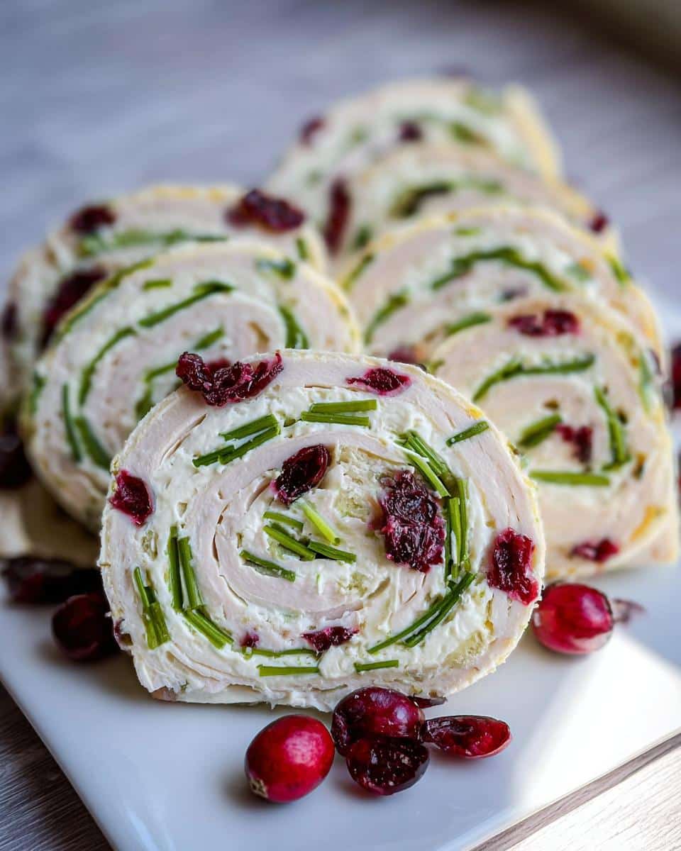 Close-up of sliced Turkey & Cranberry Pinwheels showing layers of turkey, cream cheese, chives, and dried cranberries.