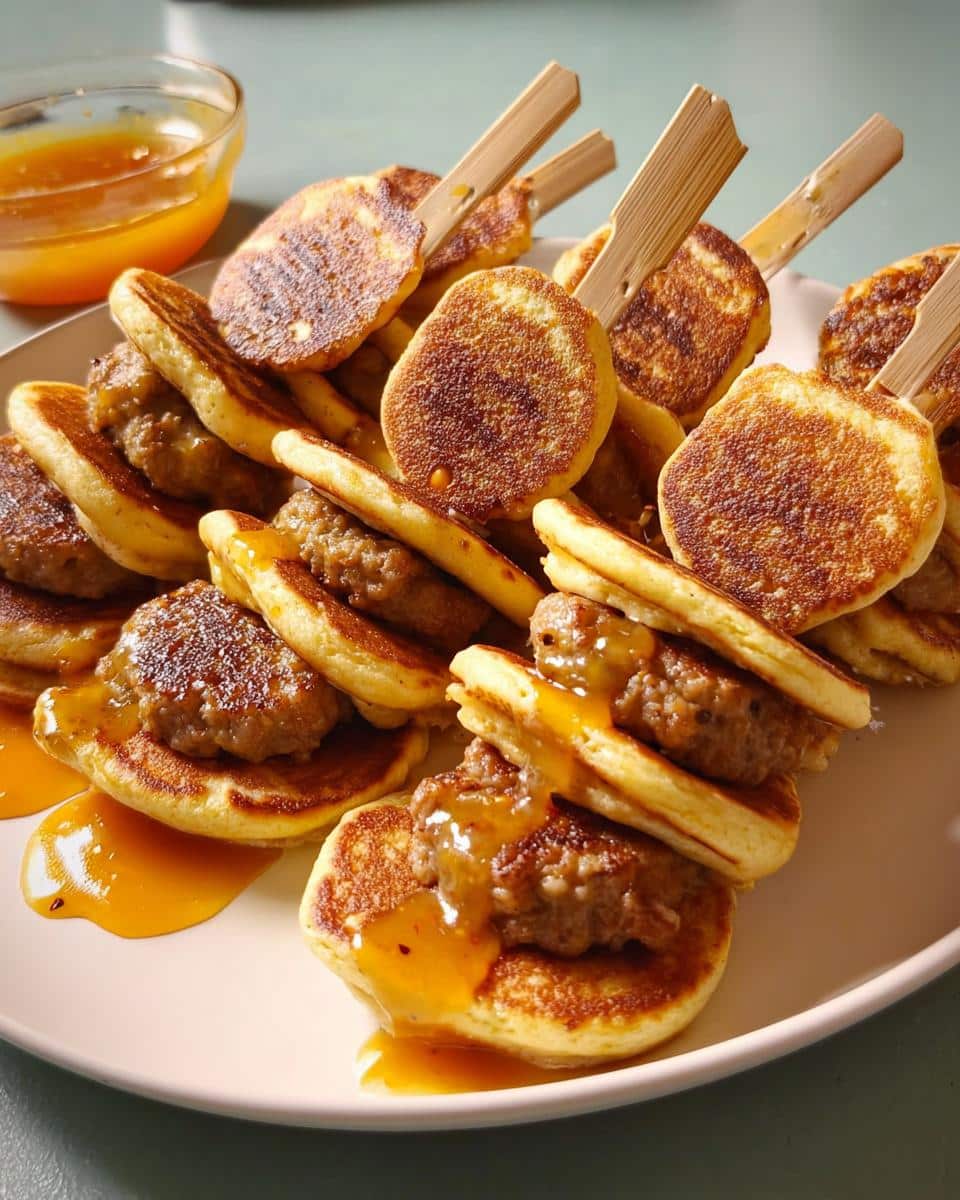 A plate piled high with Turkey Sausage Pancake Minis layered with sausage patties and drizzled with syrup, served on bamboo skewers.
