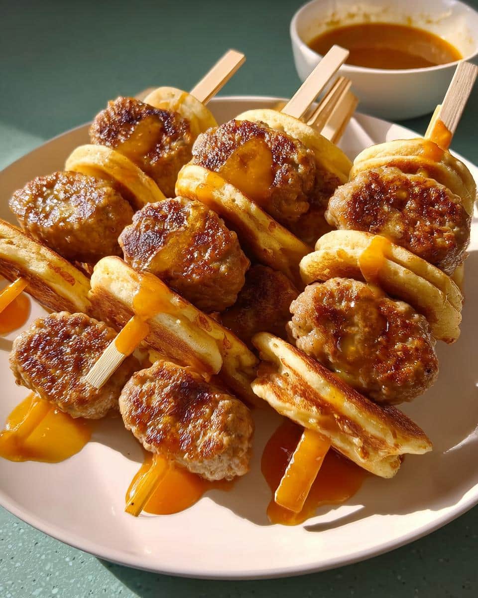 Close-up of Turkey Sausage Pancake Minis skewered on wooden sticks, drizzled with syrup.