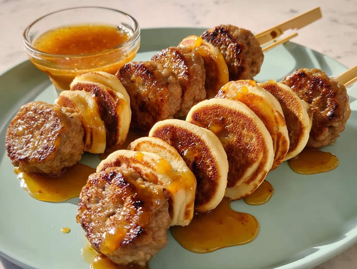 Skewers featuring alternating bites of Turkey Sausage Pancake Minis and browned turkey sausage patties drizzled with syrup.
