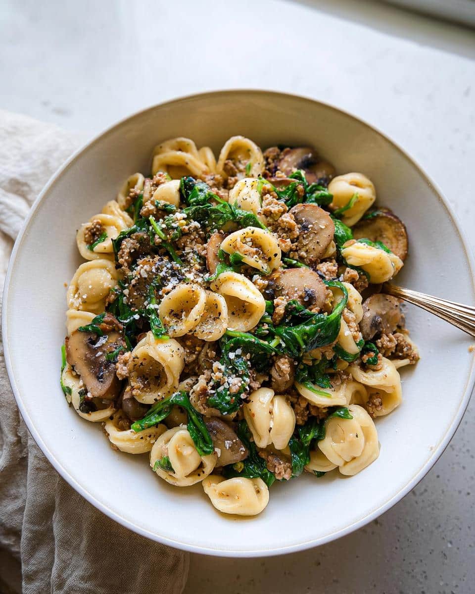 A bowl of Turkey & Spinach Protein Pasta Bowls featuring orecchiette pasta, ground turkey, sautéed spinach, and mushrooms.