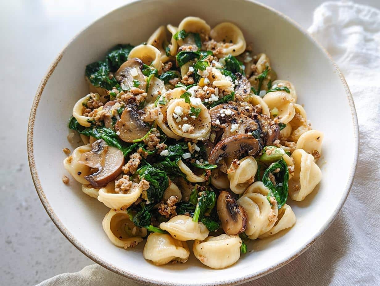 Close-up of Turkey & Spinach Protein Pasta Bowls featuring orecchiette pasta, ground turkey, sautéed spinach, and mushrooms.