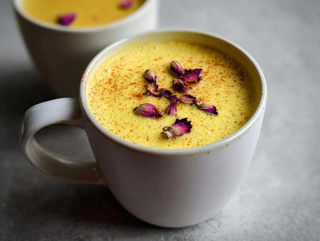 A close-up of a Turmeric Golden Milk Latte in a white mug, topped with rose petals and a sprinkle of cinnamon.
