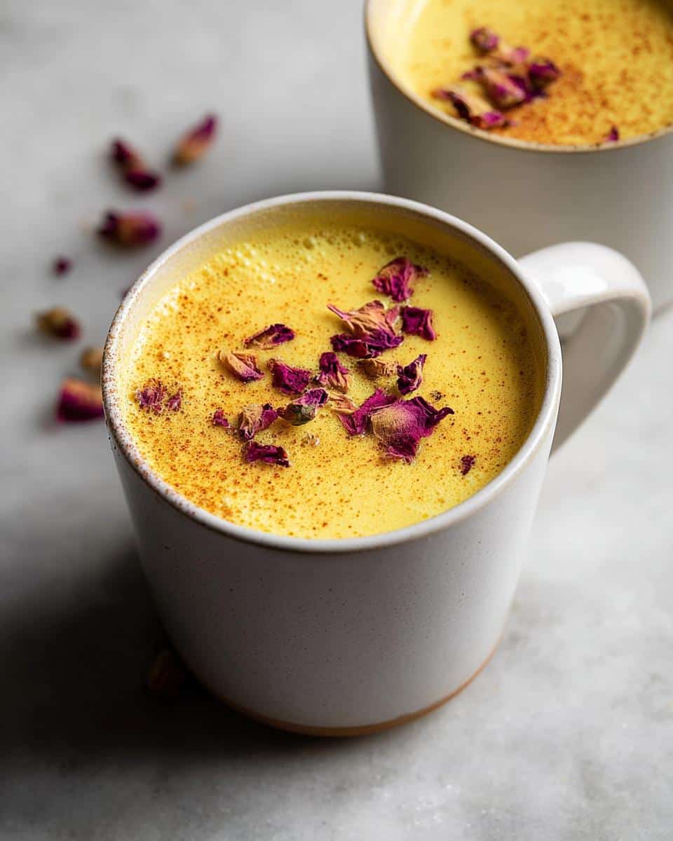 A close-up of a Turmeric Golden Milk Latte in a white mug, topped with dried rose petals and a sprinkle of cinnamon.
