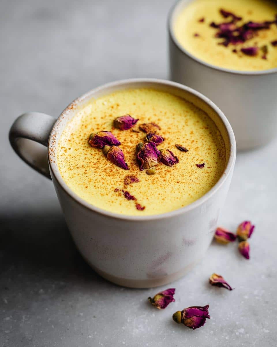 A close-up of a creamy Turmeric Golden Milk Latte in a mug, topped with dried rose petals and a sprinkle of cinnamon.