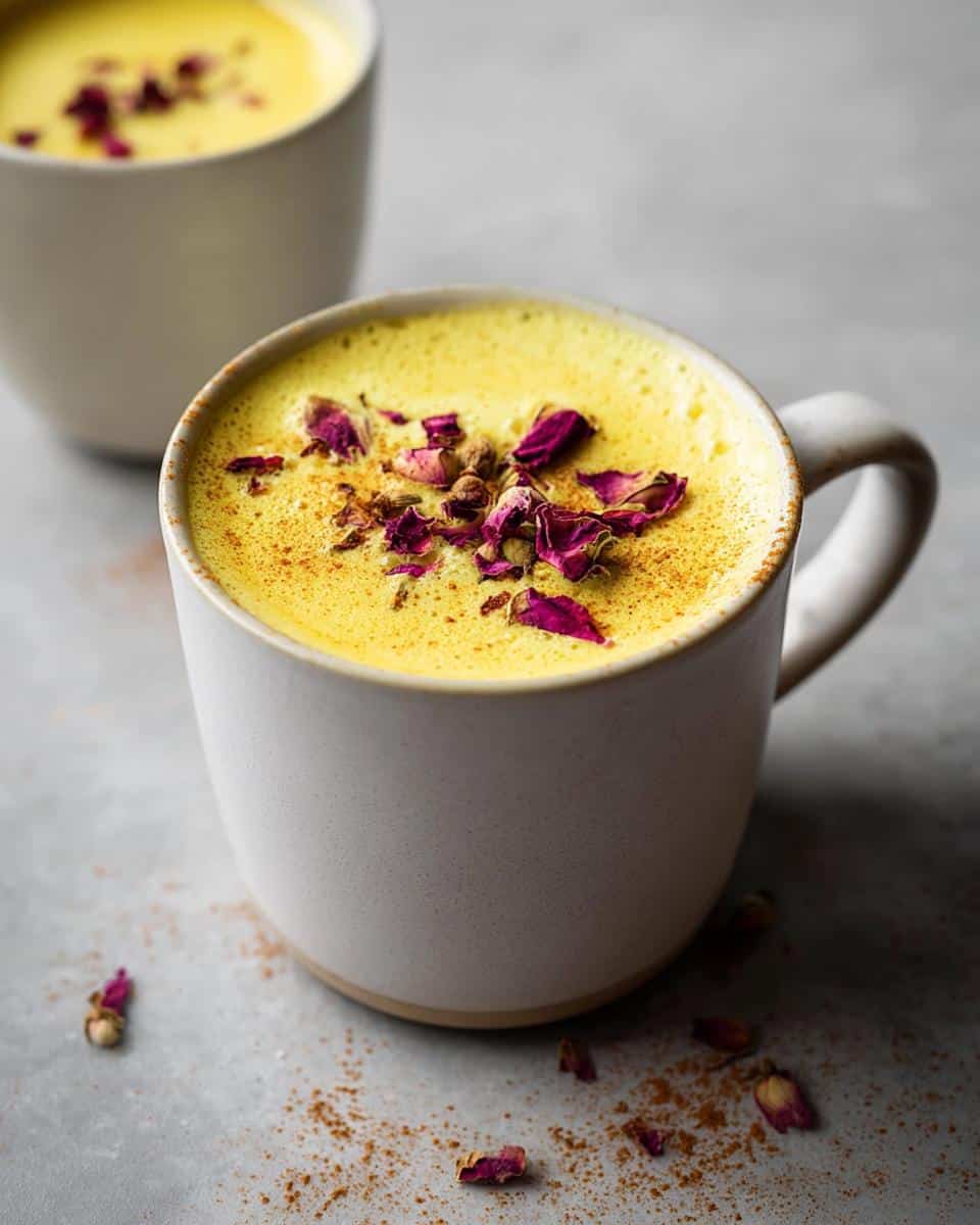 Close-up of a Turmeric Golden Milk Latte in a mug, topped with dried rose petals and a sprinkle of cinnamon.