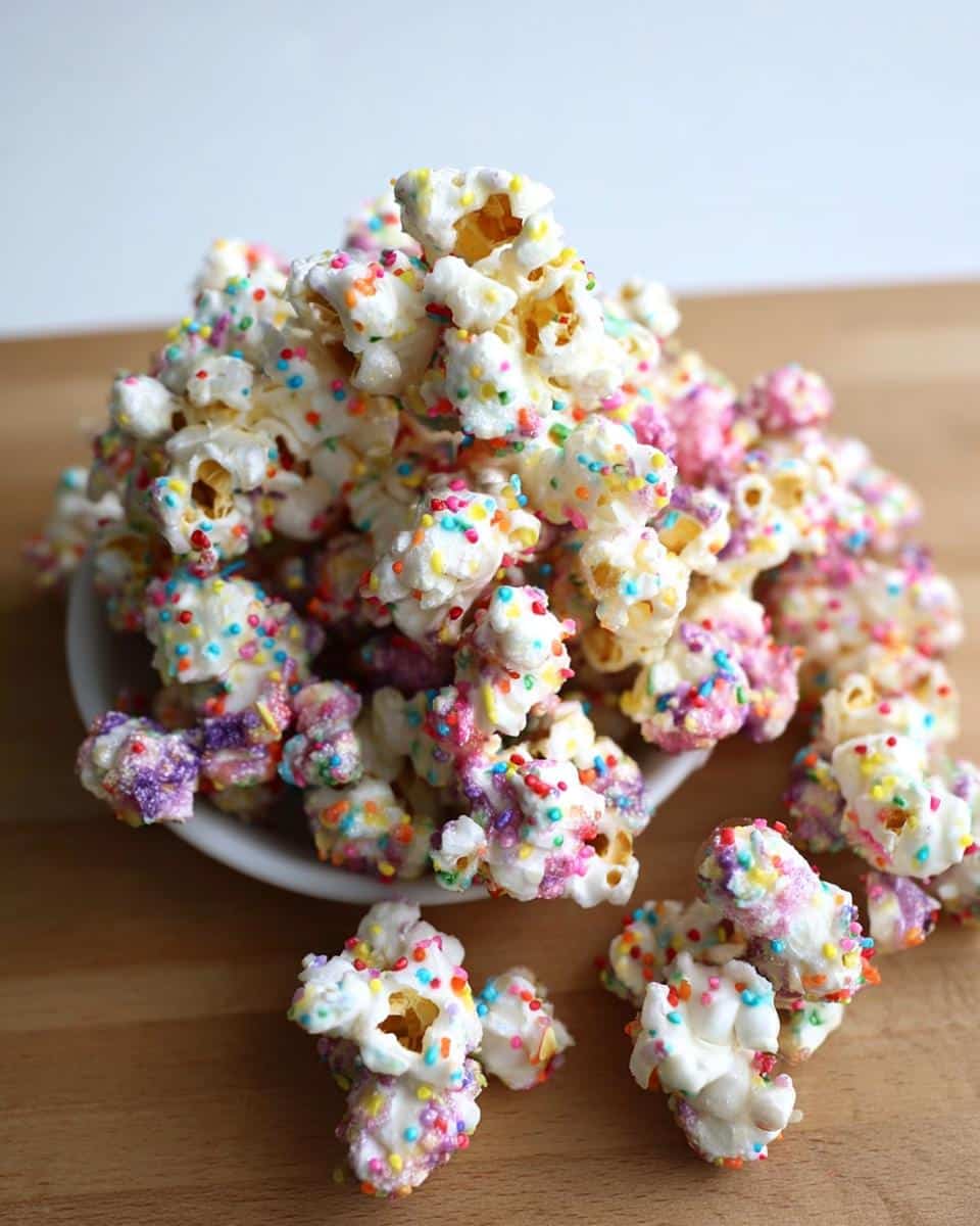 A mound of white chocolate-coated Unicorn Sprinkle Popcorn covered in colorful rainbow sprinkles, served on a small white dish.