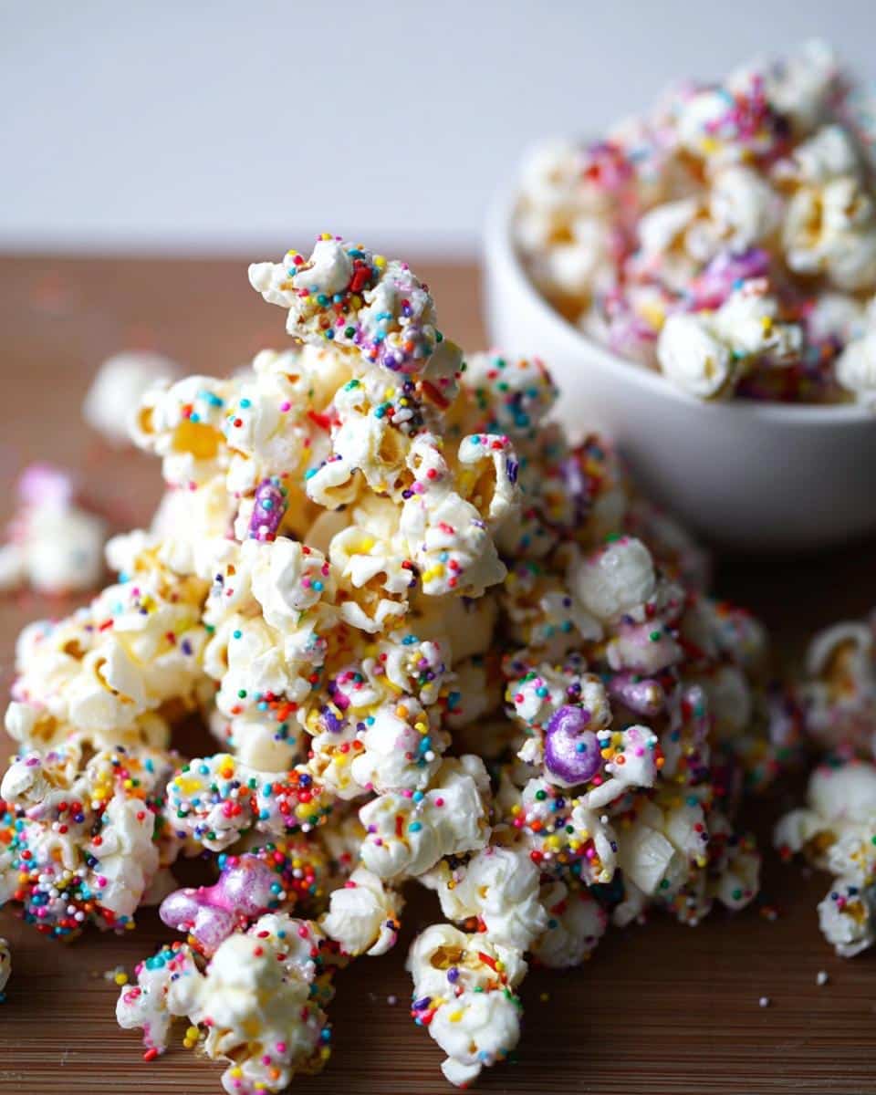 A close-up pile of white Unicorn Sprinkle Popcorn coated in white chocolate and colorful sprinkles.
