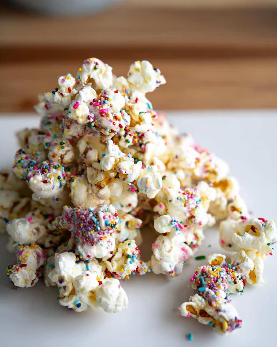 A close-up pile of white chocolate-coated Unicorn Sprinkle Popcorn covered in colorful rainbow sprinkles.