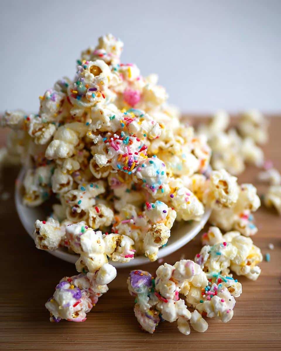 A close-up of Unicorn Sprinkle Popcorn piled high on a small white dish, covered in colorful sprinkles.