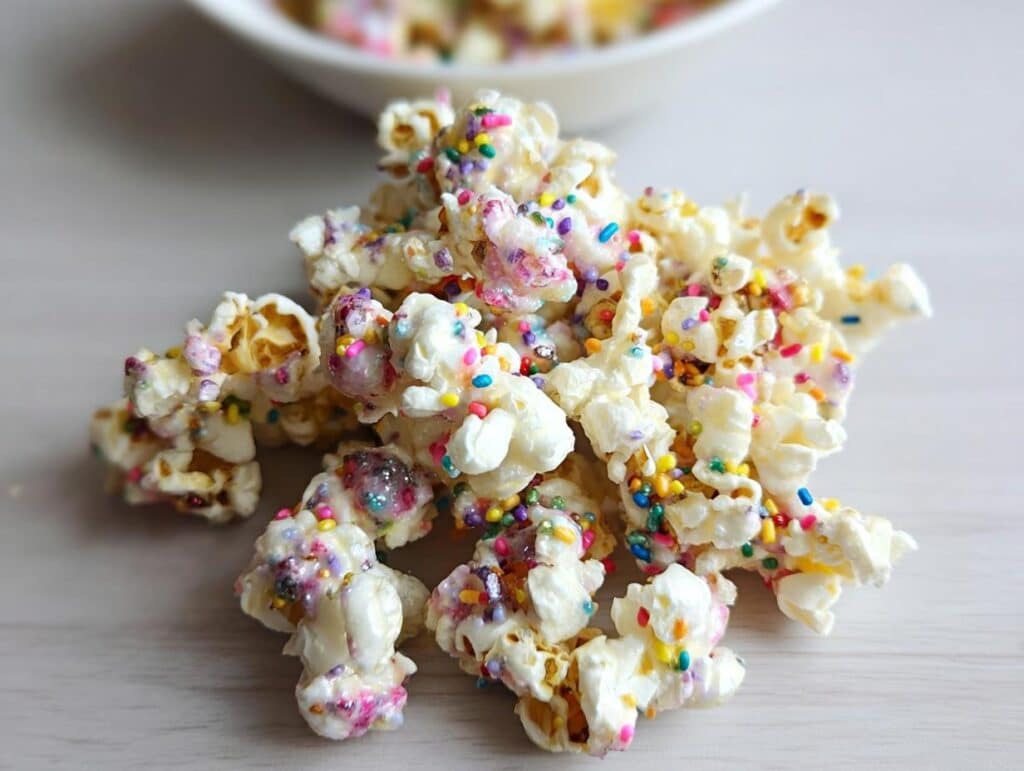 A close-up pile of Unicorn Sprinkle Popcorn coated in white chocolate and colorful sprinkles.