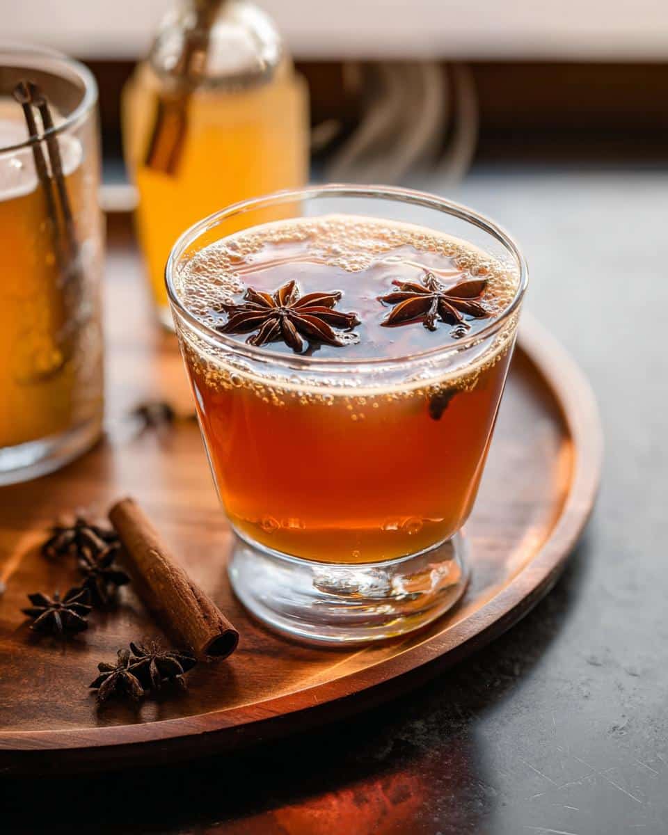 A close-up of a Vanilla Chai Apple Cider Mocktail in a glass, garnished with star anise and cinnamon sticks.
