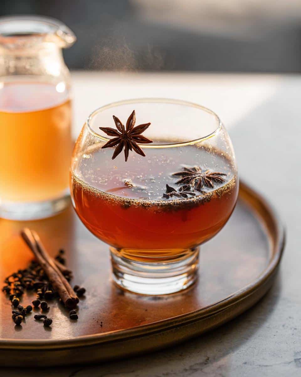 A warm Vanilla Chai Apple Cider Mocktail garnished with star anise and cinnamon sticks on a wooden tray.
