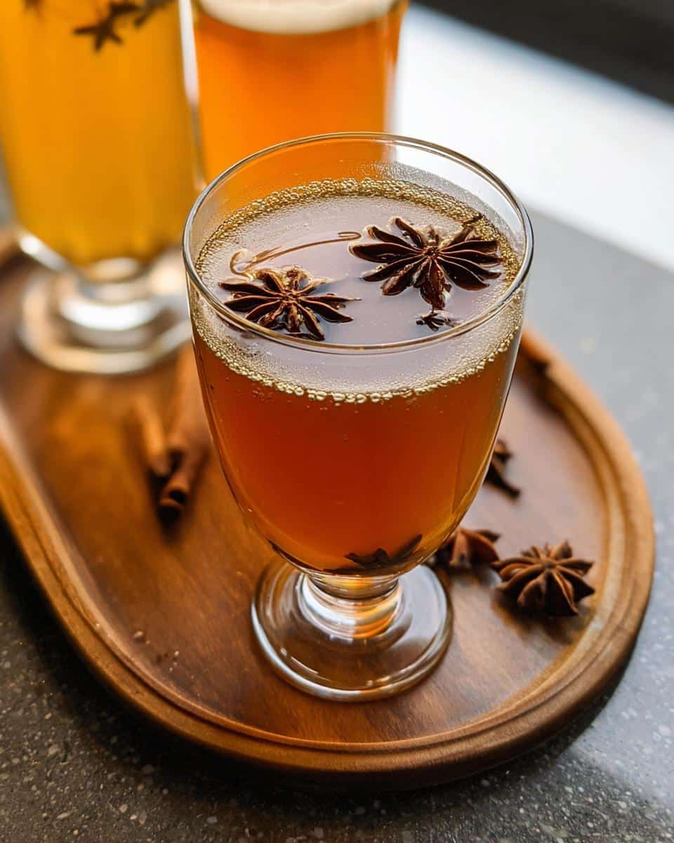 Close-up of a Vanilla Chai Apple Cider Mocktail in a glass, garnished with star anise and cinnamon sticks.