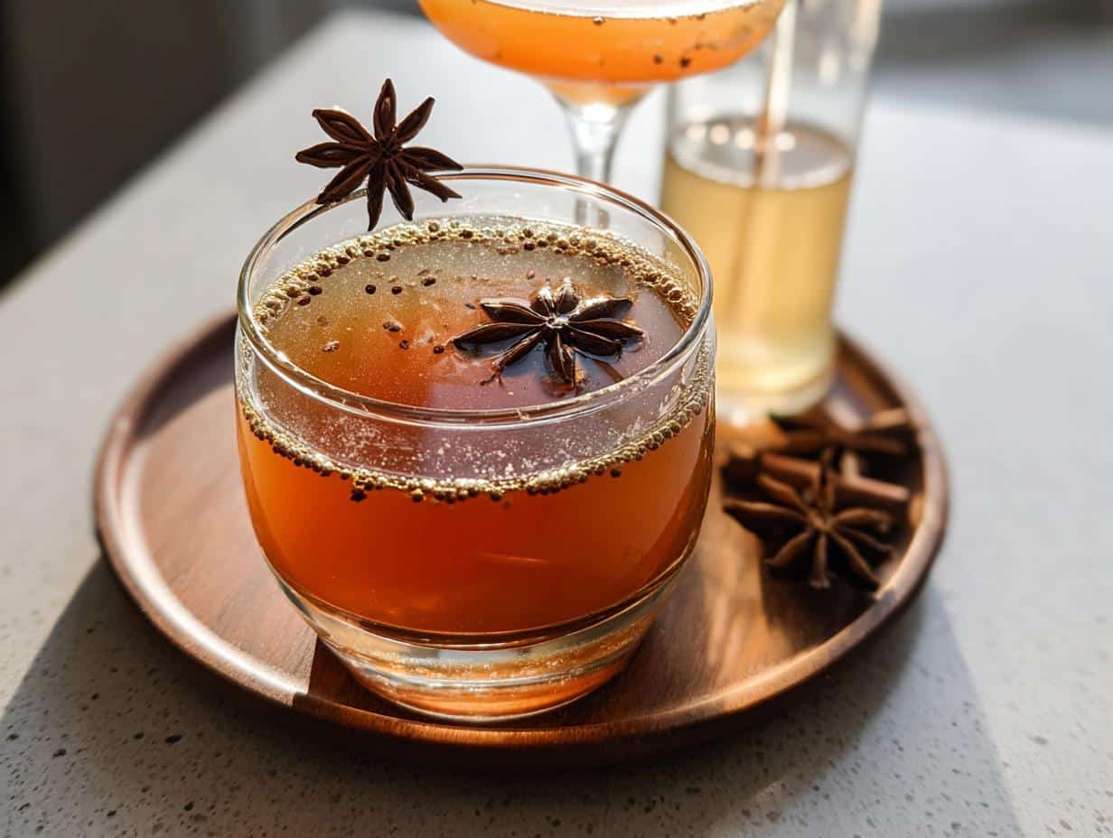 A refreshing Vanilla Chai Apple Cider Mocktail garnished with star anise and spices.