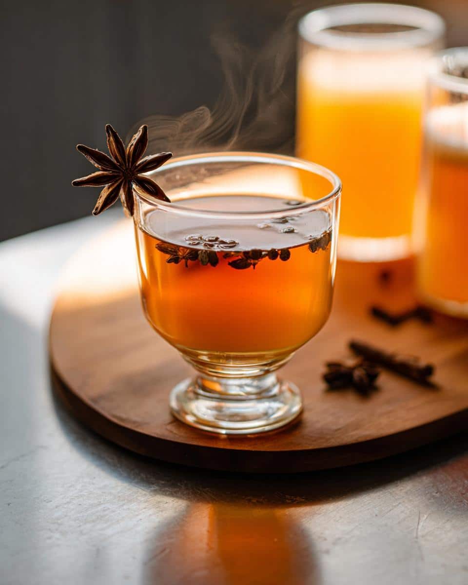 A steaming glass of Vanilla Chai Apple Cider Mocktail garnished with star anise and cloves.