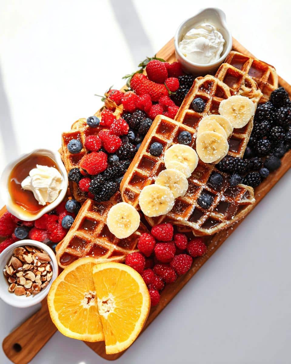 A vibrant Waffle Breakfast Board featuring waffles, fresh berries, sliced bananas, oranges, nuts, and whipped cream.