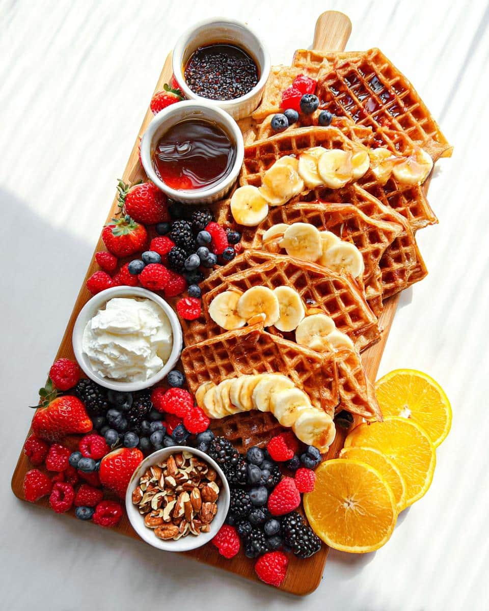 A vibrant Waffle Breakfast Board filled with golden waffles, fresh berries, sliced bananas, whipped cream, nuts, and orange slices.