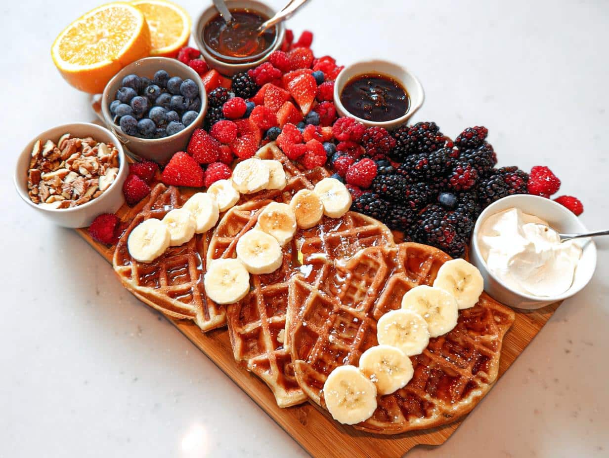 A Waffle Breakfast Board featuring waffles topped with bananas and syrup, surrounded by fresh berries, oranges, nuts, and whipped cream.