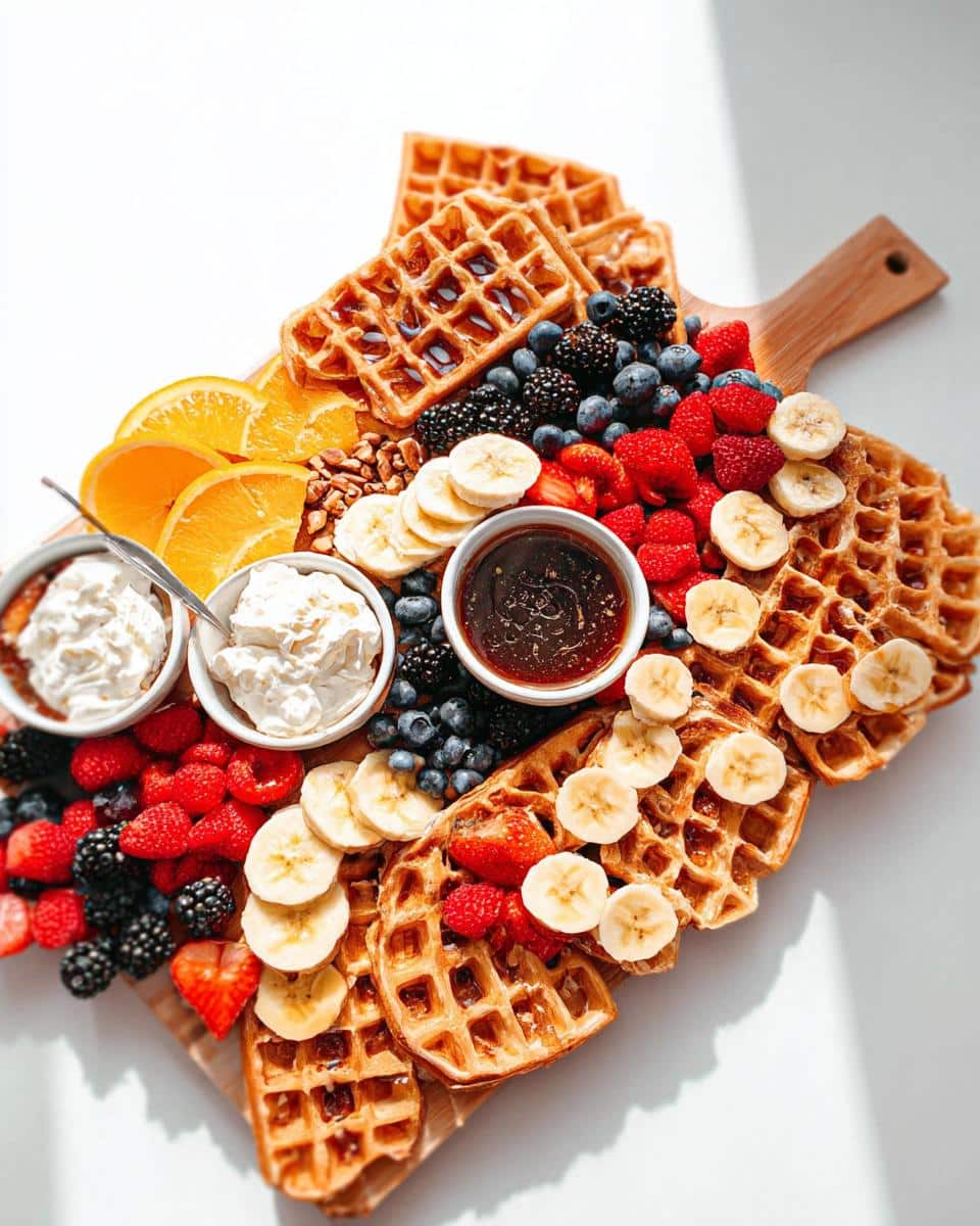 A vibrant Waffle Breakfast Board filled with mini waffles, fresh berries, sliced bananas, oranges, nuts, and whipped cream.