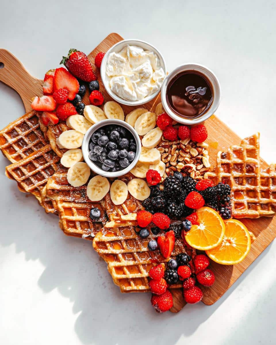 A vibrant Waffle Breakfast Board featuring waffles, strawberries, blueberries, bananas, raspberries, oranges, whipped cream, and chocolate sauce.