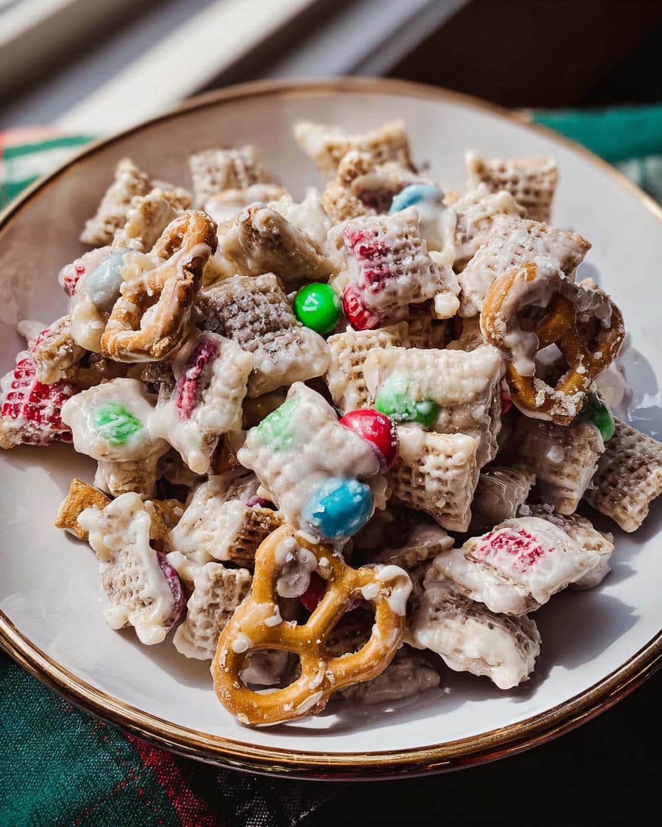 Close-up of white chocolate coated Christmas Chex Mix with pretzels and colorful candies in a white bowl.