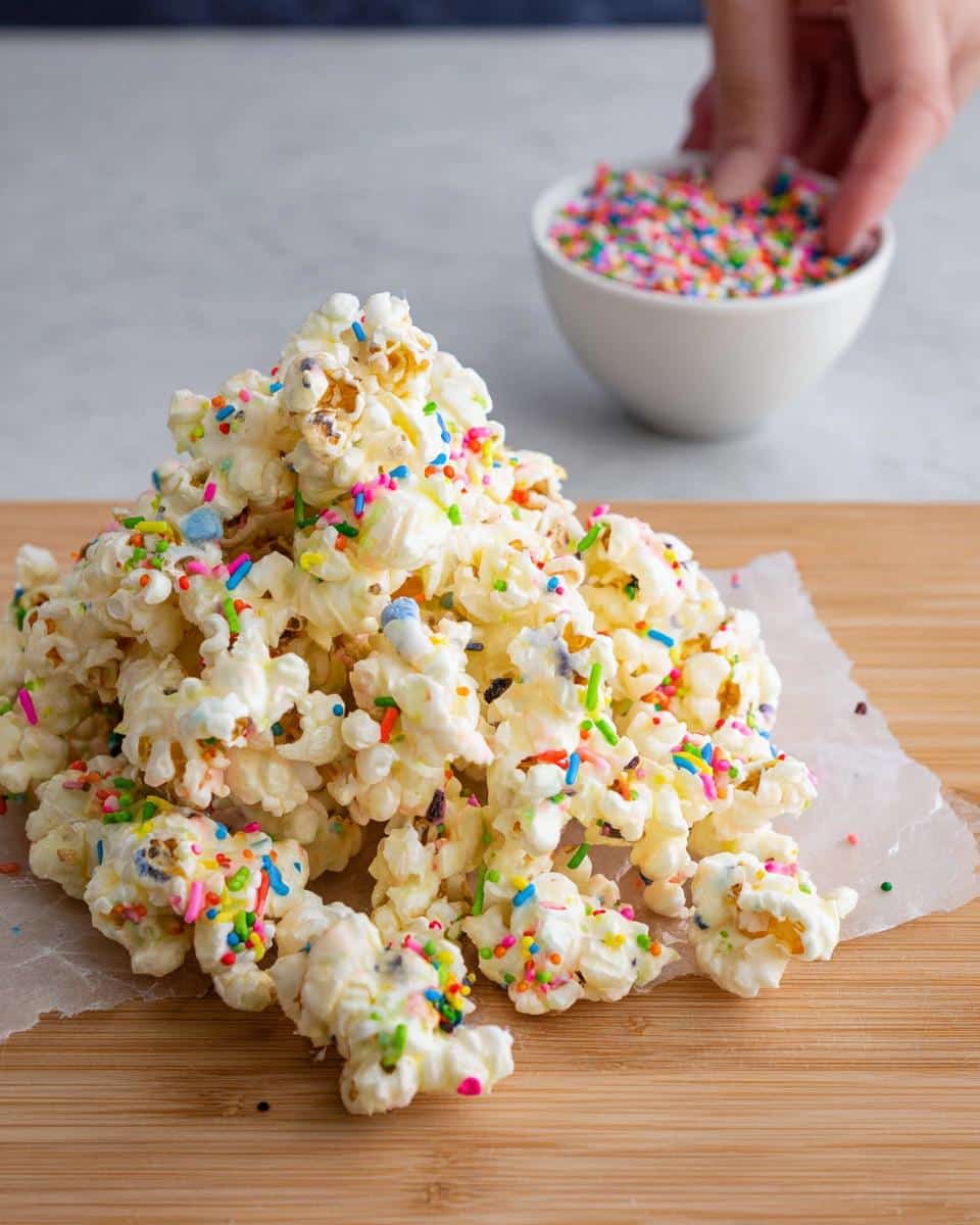 A pile of White Chocolate Funfetti Popcorn coated in white chocolate and covered in colorful sprinkles, with a hand adding more sprinkles.