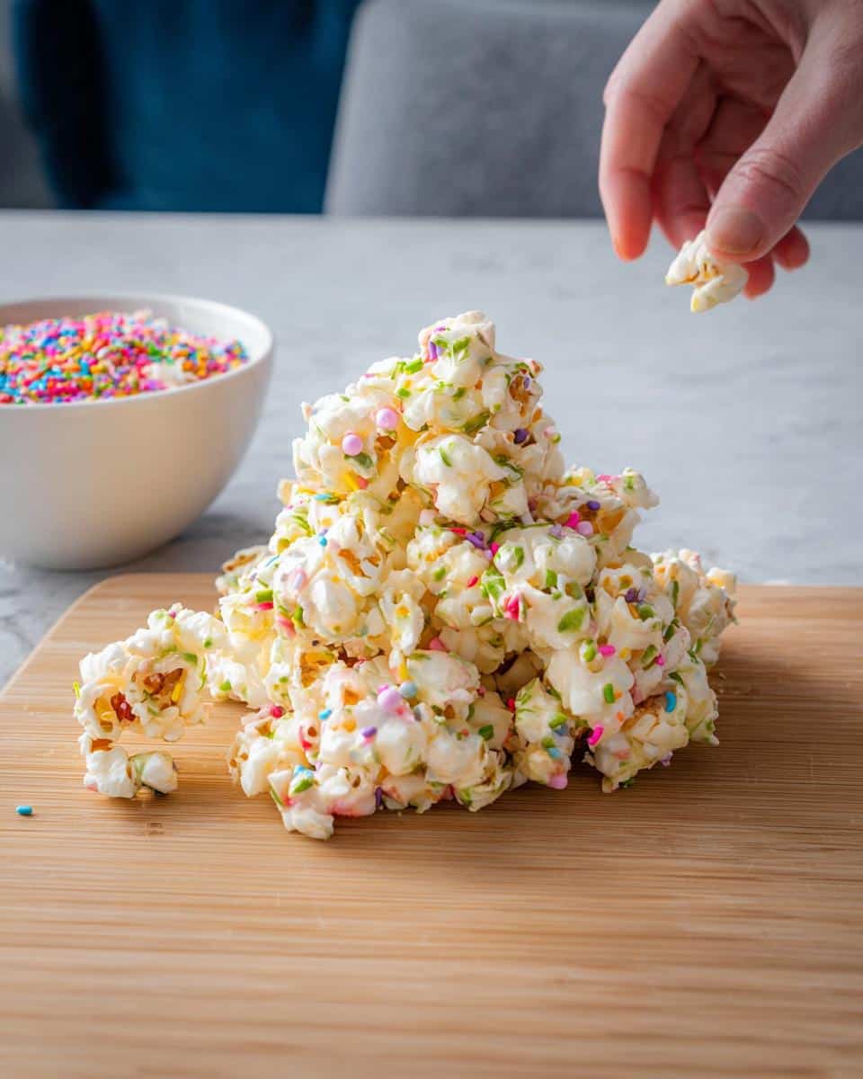 A mound of White Chocolate Funfetti Popcorn covered in colorful sprinkles, with a hand reaching for a piece.