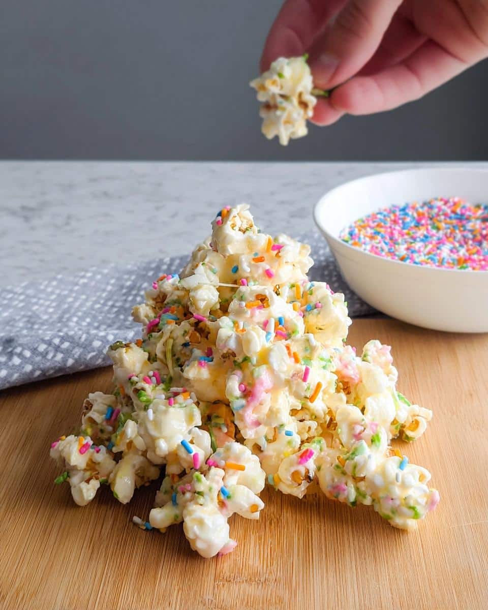 A mound of White Chocolate Funfetti Popcorn covered in colorful sprinkles, with a hand holding a piece above it.
