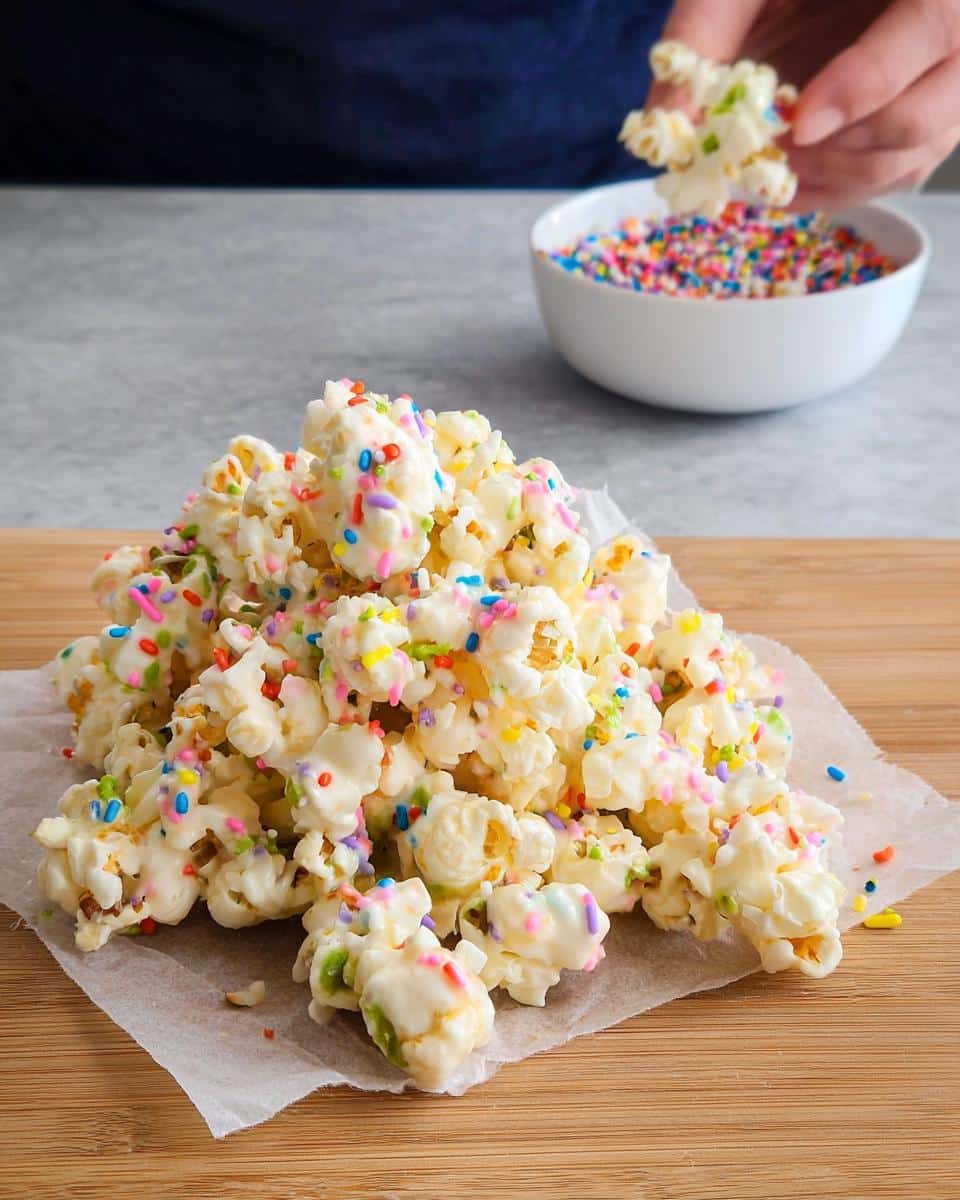 A pile of White Chocolate Funfetti Popcorn coated in white chocolate and colorful sprinkles, with hands adding more sprinkles in the background.