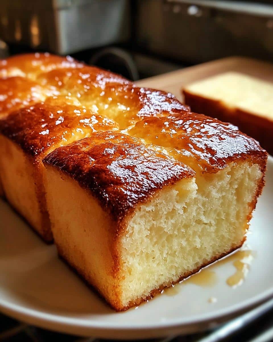 Close-up of a golden-brown Zero Carb Yogurt Bread loaf with a glossy glaze, showing a slice with a tender crumb.