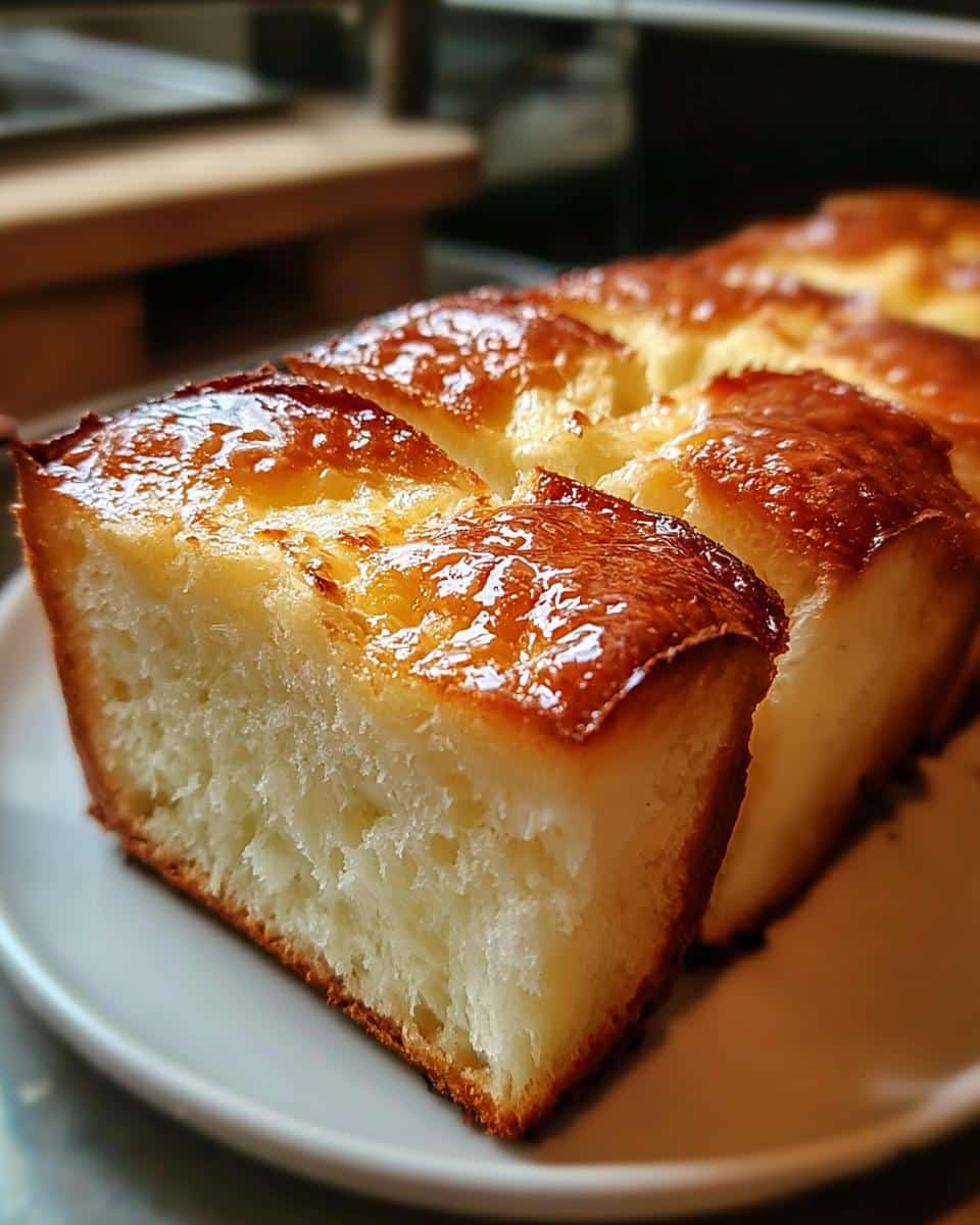 A close-up of a slice of moist Zero Carb Yogurt Bread with a golden-brown, slightly glossy crust.