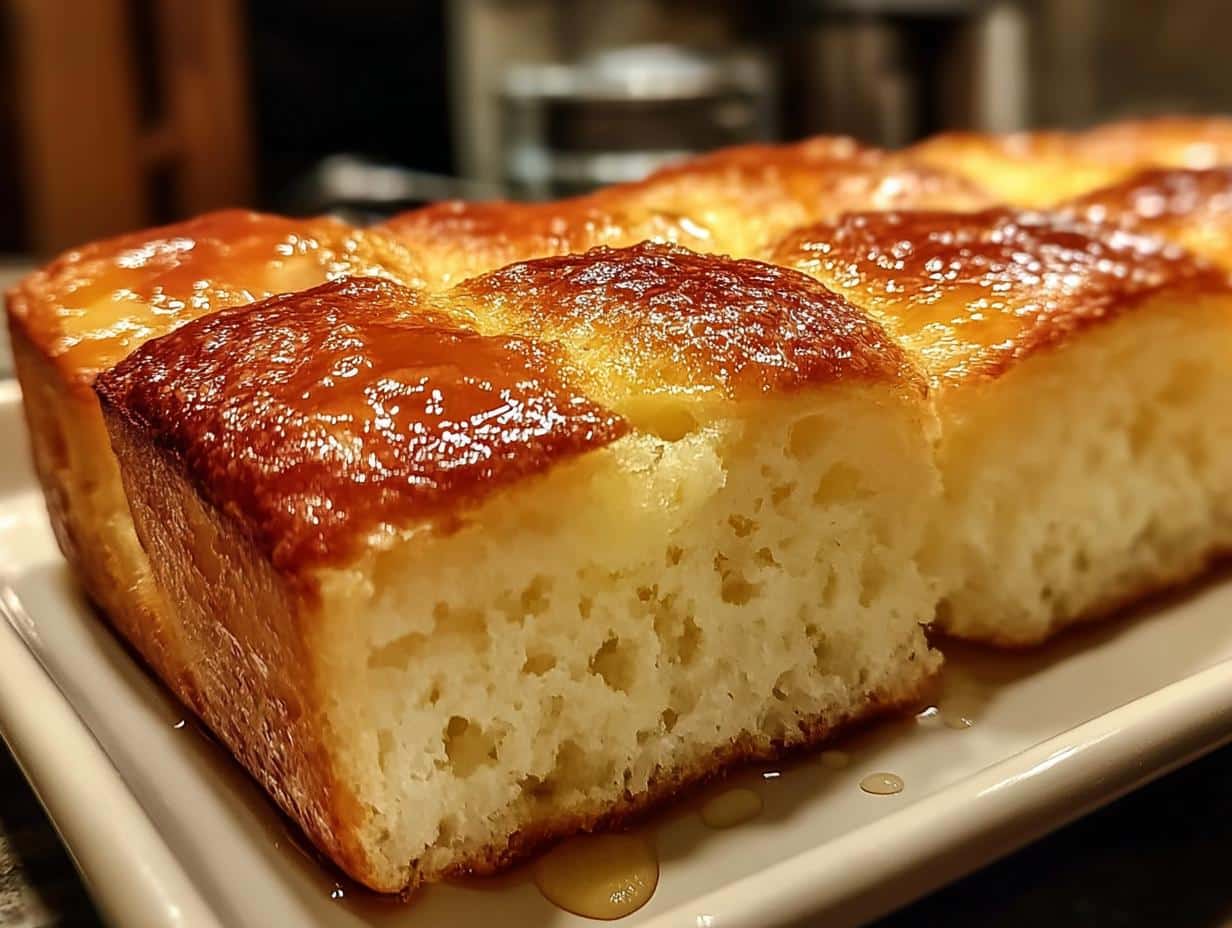 Close-up of a slice of moist Zero Carb Yogurt Bread with a golden, glossy top.