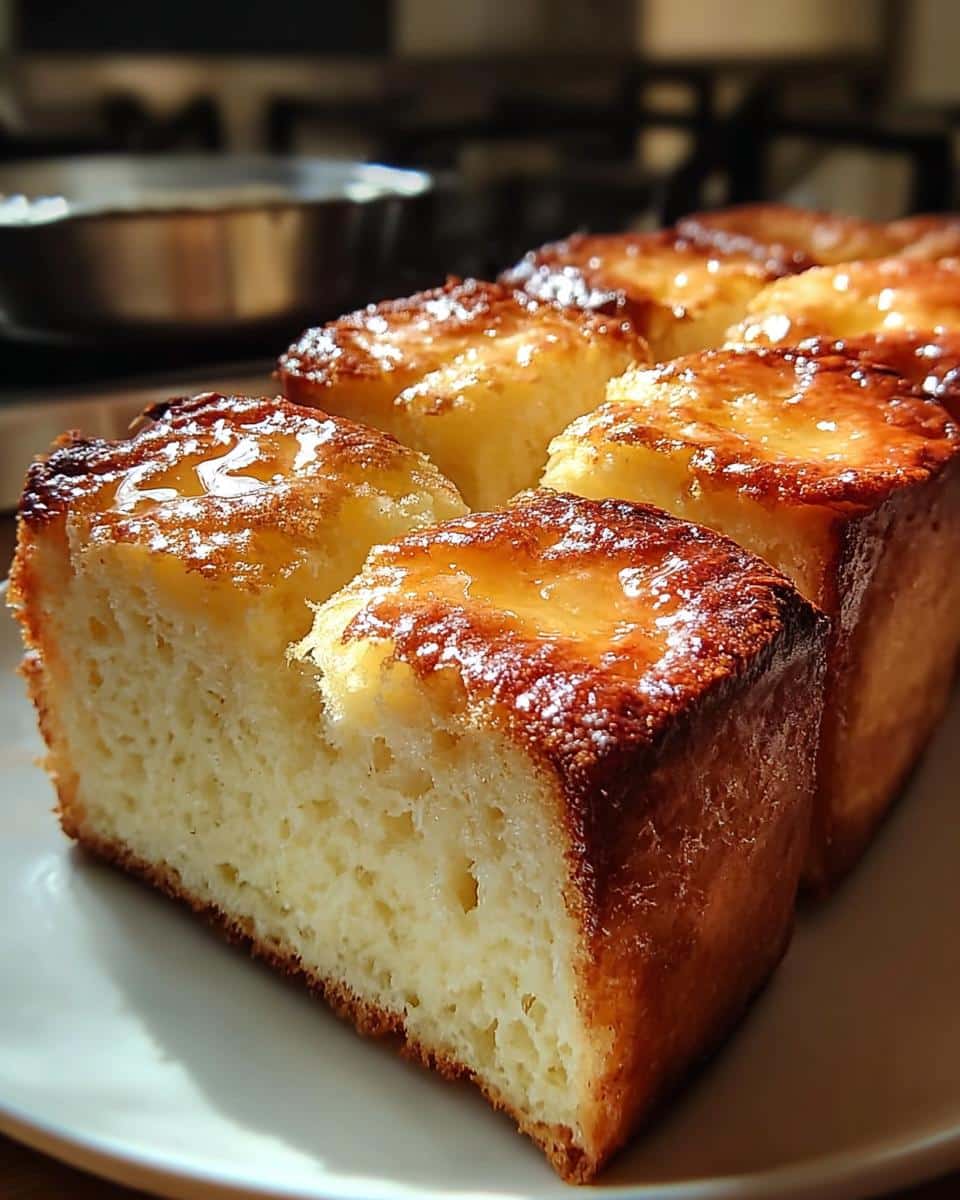 Close-up of moist slices of Zero Carb Yogurt Bread, lightly glazed and golden brown.