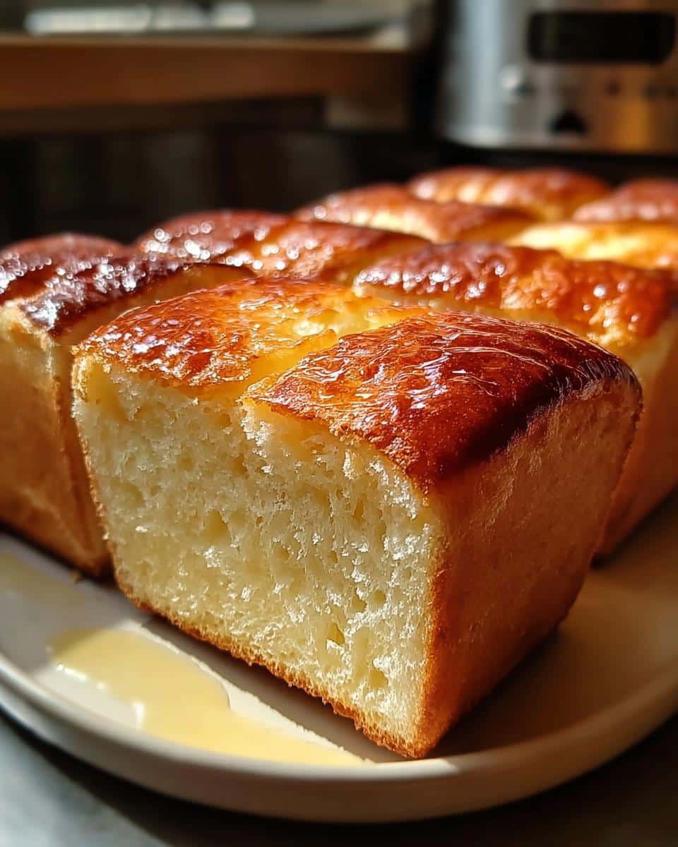 Close-up of golden brown slices of Zero Carb Yogurt Bread on a plate with a drizzle of sauce.