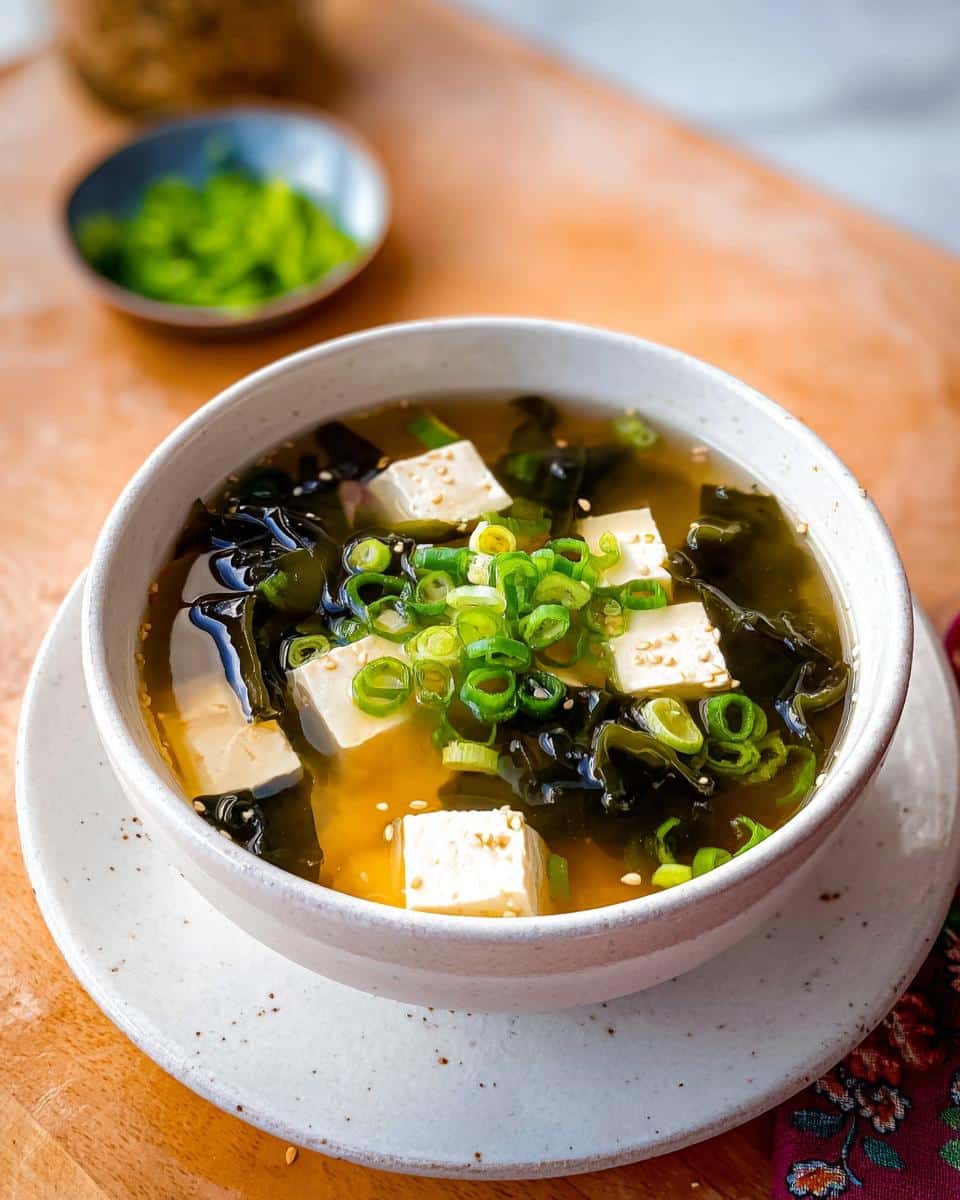 A close-up of a bowl of 10-Minute Classic Miso Soup featuring tofu cubes, wakame seaweed, and green onions.