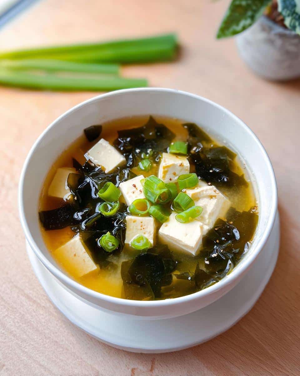 A close-up of a white bowl filled with 10-Minute Classic Miso Soup, featuring tofu cubes, dark seaweed, and green onions.