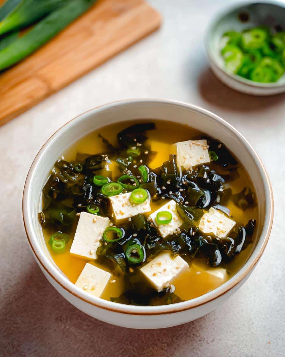 A close-up of a bowl of 10-Minute Classic Miso Soup featuring cubes of tofu, dark green seaweed, and sliced green onions.