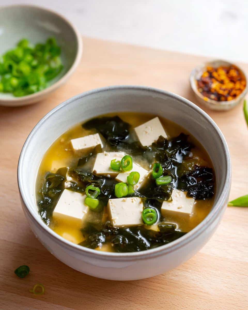 A close-up of a bowl of 10-Minute Classic Miso Soup featuring cubes of tofu, seaweed, and green onions.