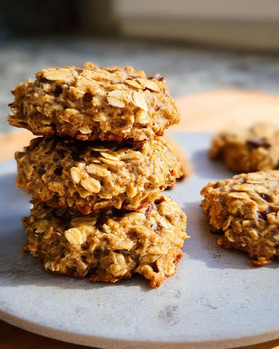 A stack of three textured 2-Ingredient Banana Oat Cookies made with visible rolled oats.