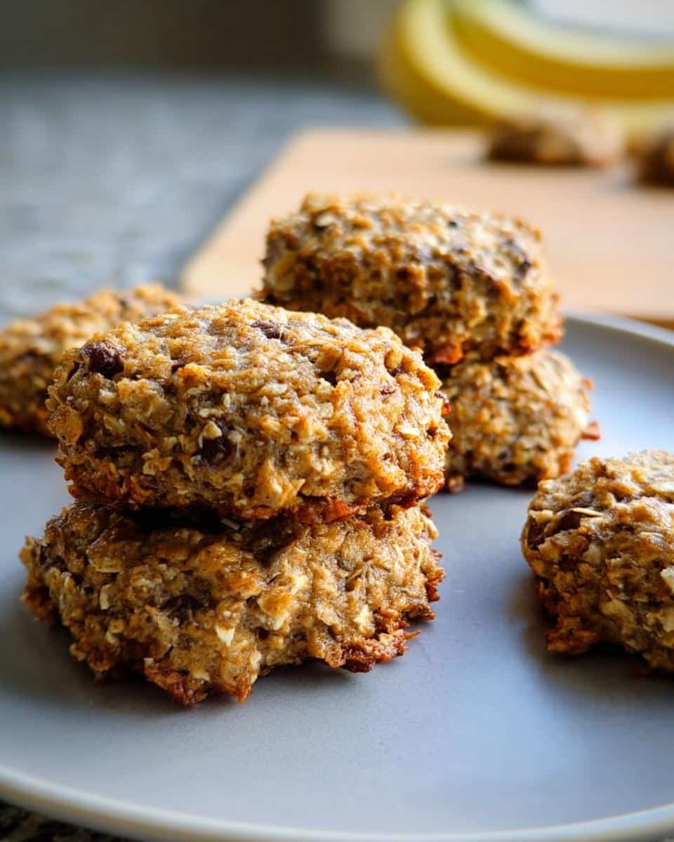 A stack of golden brown 2-Ingredient Banana Oat Cookies, textured with oats and small dark chips, resting on a gray plate.