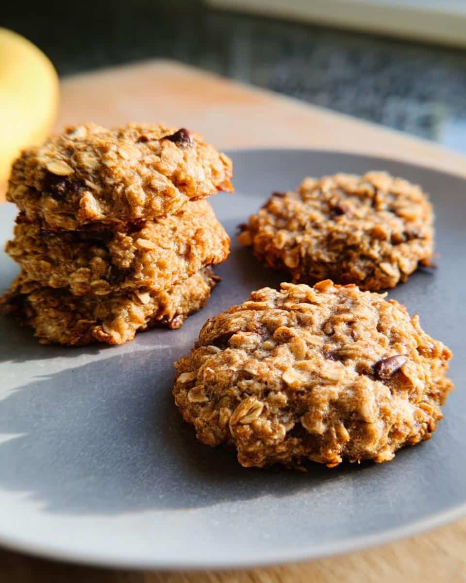A stack of three and two loose 2-Ingredient Banana Oat Cookies on a gray plate.