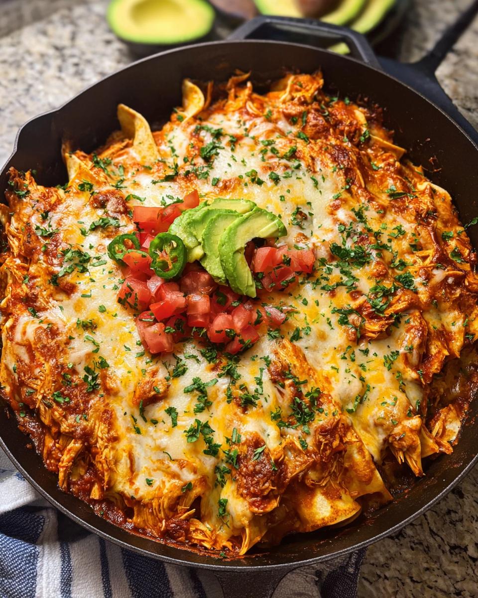 Close-up of bubbling 20-Minute Skillet Chicken Enchiladas covered in melted cheese, salsa, and avocado slices.
