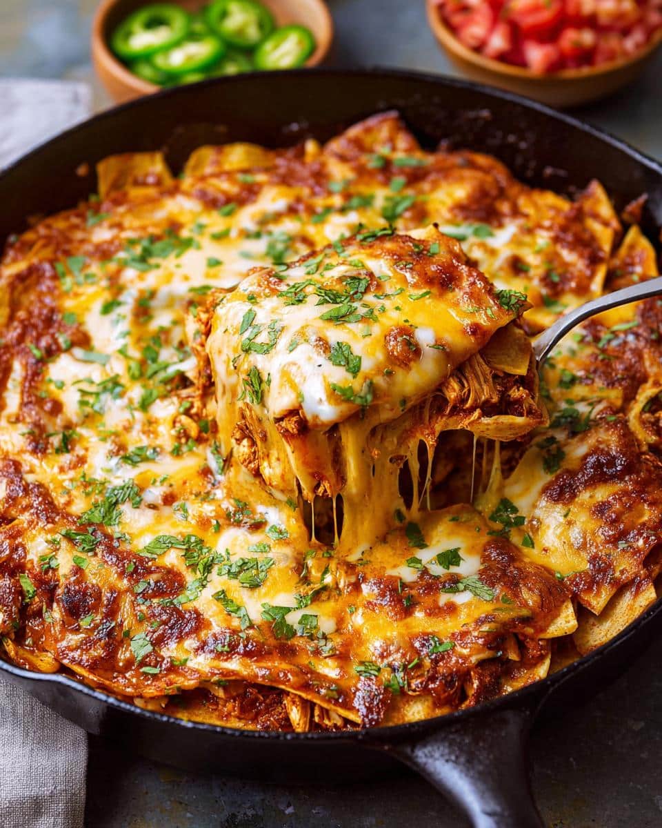A spoonful of cheesy, saucy 20-Minute Skillet Chicken Enchiladas being lifted from a cast iron pan.